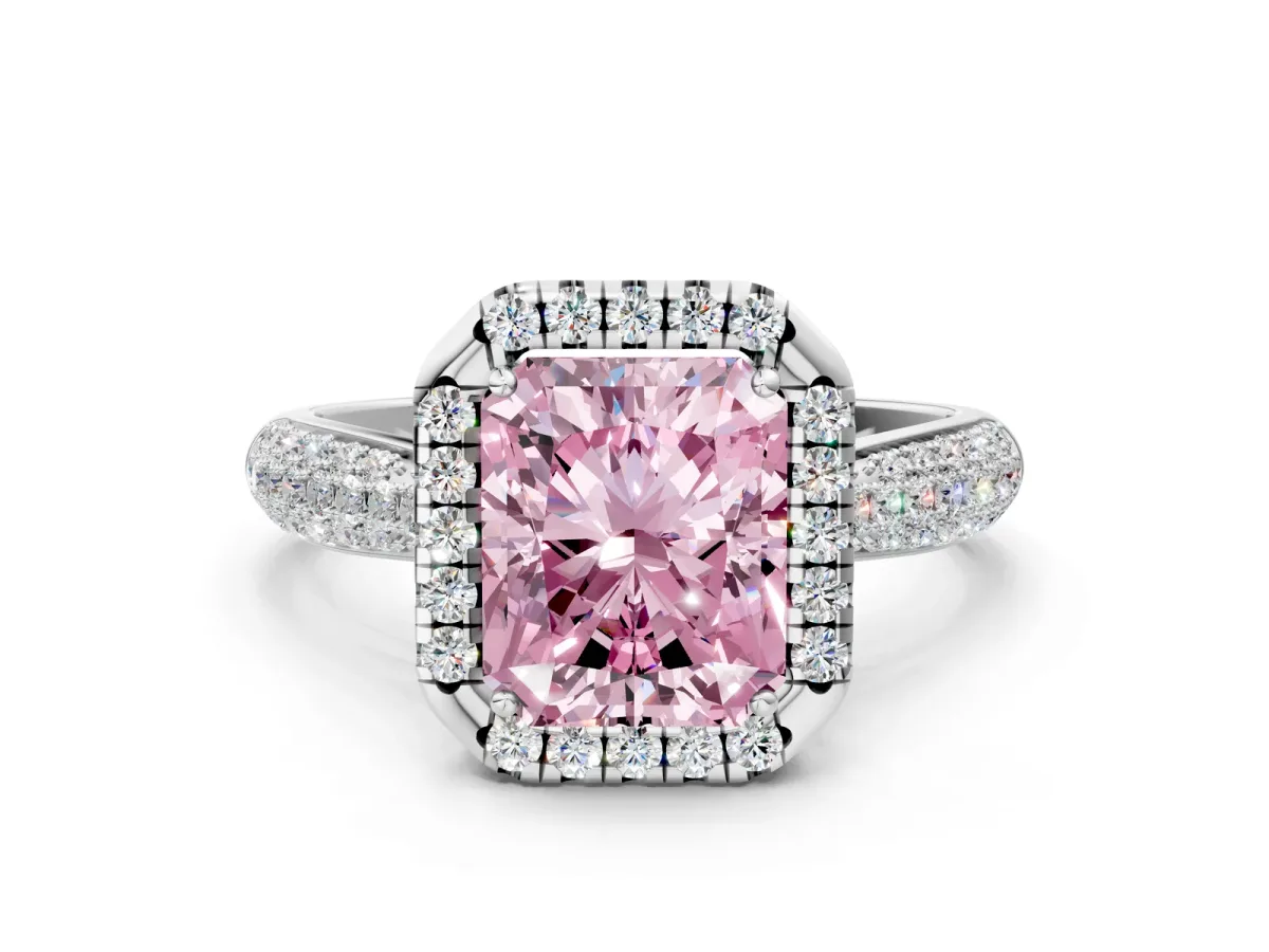 Fancy Pink Radiant Cut Cut Halo Pave Band Four-Prong Setting Ring Platinum