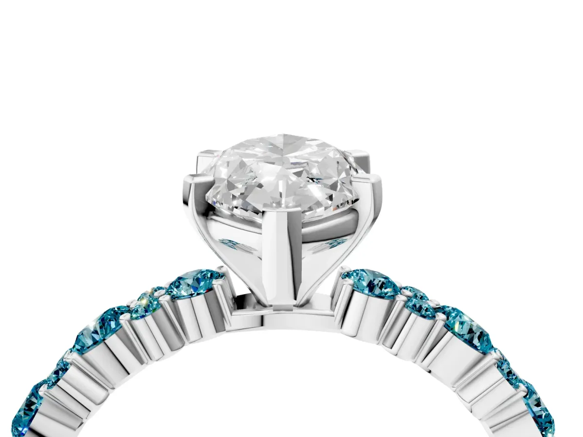 Marquise Cut Diamond Side Stone Solitaire Ring with Round Blue Topaz and Four-Prong Setting Silver