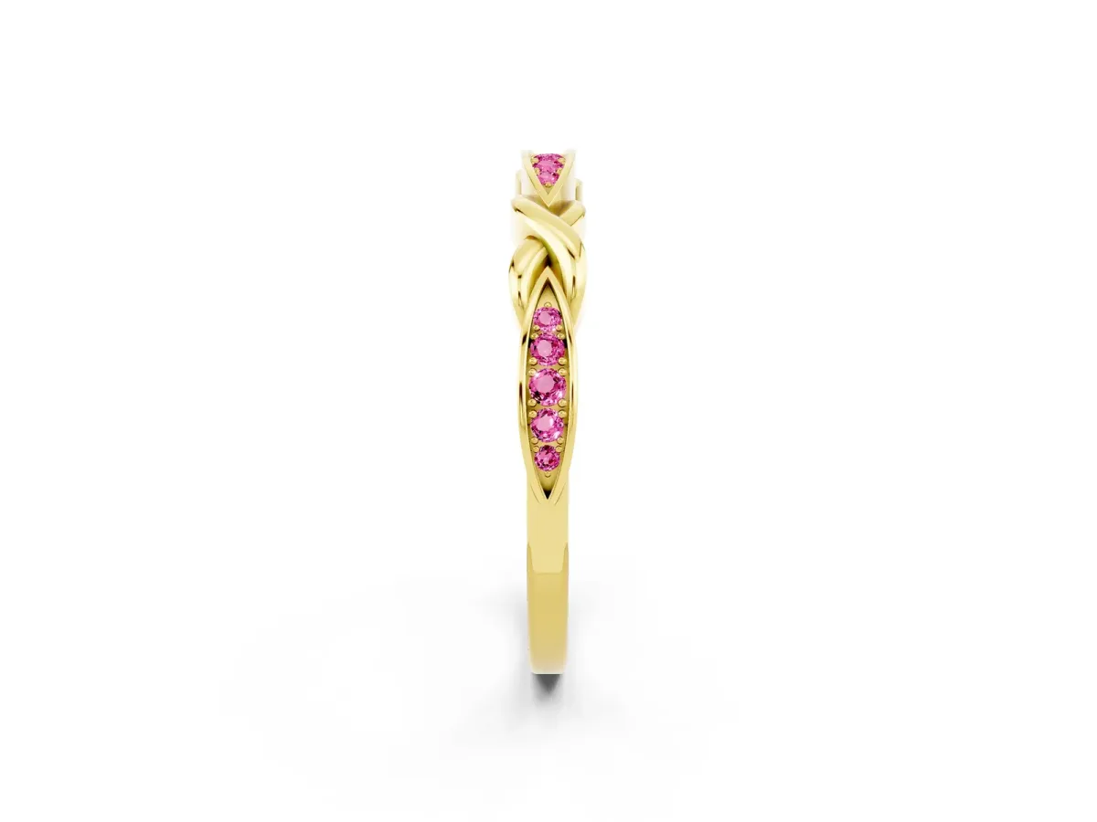 Twisted Marquise Pink Sapphire Pavé Band with Shared Prong Setting Yellow gold