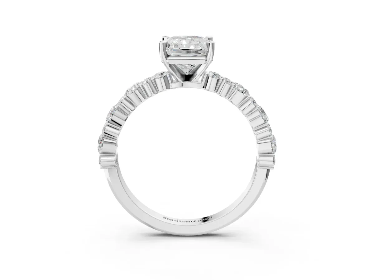 Radiant Cut Diamond Side Stone Solitaire Ring with Round Moissanite and Four-Prong Setting Platinum