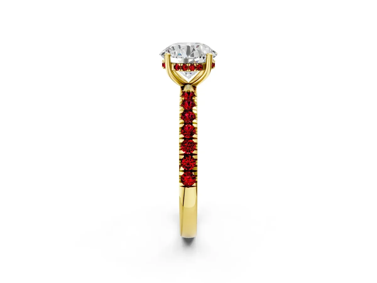 Round Cut Diamond Pave Band Solitaire Ring with Round Ruby and Prong Setting Yellow gold