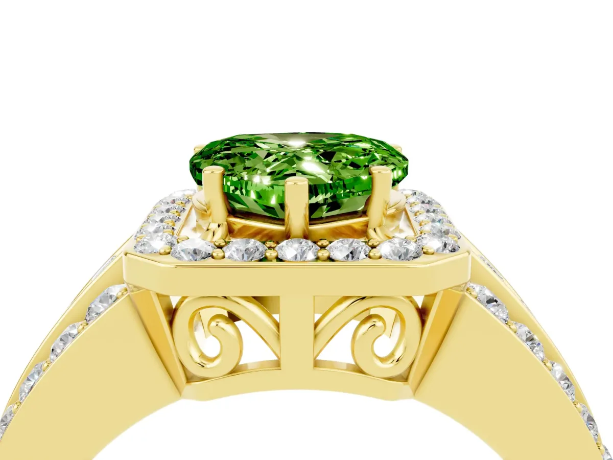 Heart Cut Halo Peridot Ring with Round Split Shank and Prong Setting Yellow gold