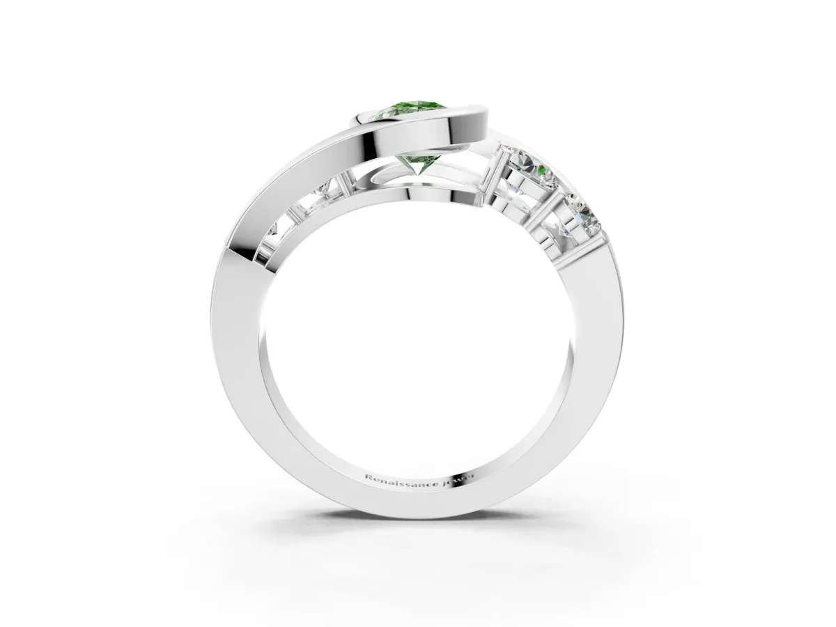 Fancy Green Bezel Set Pear Cut Diamond Bypass Ring with Round Accents Silver