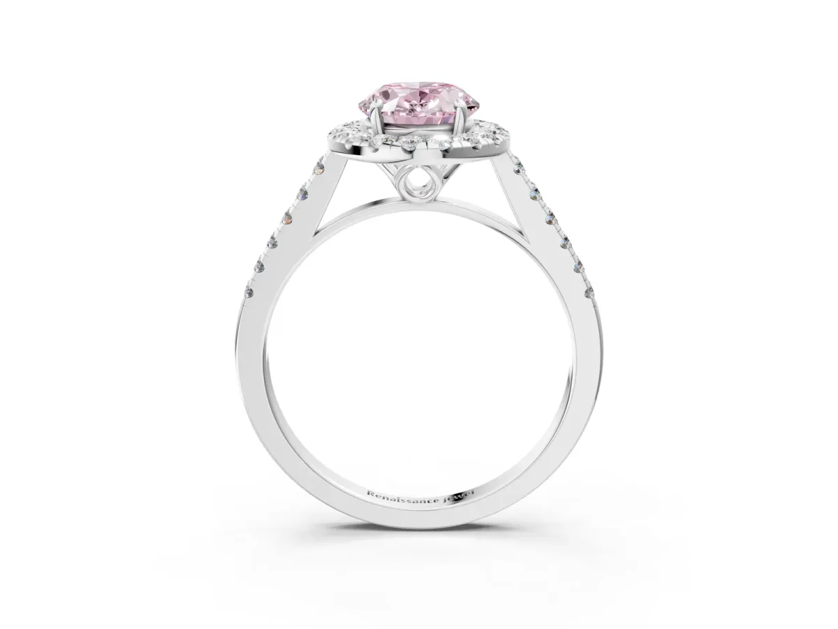 Fancy Pink Oval Cut Halo Pavé Diamond Engagement Ring with Four-Prong Setting Silver