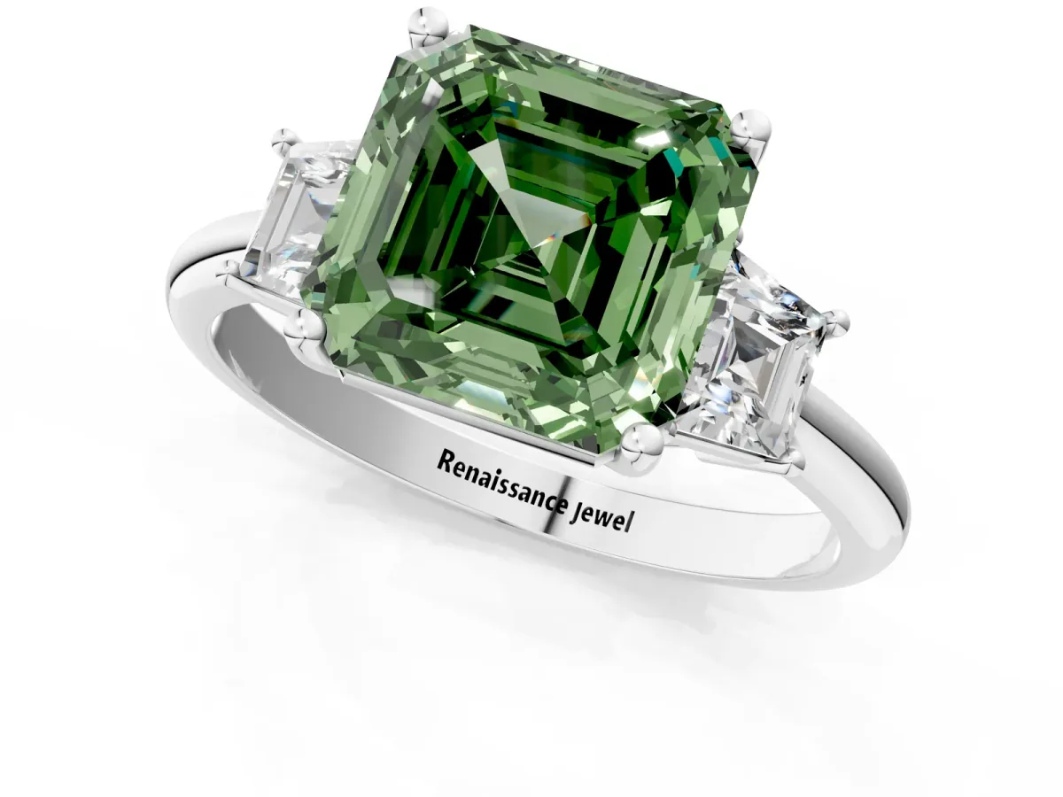 Fancy Green Asscher Cut Diamond Three-Stone Ring with Trapezoid Side Stones and Prong Setting Silver