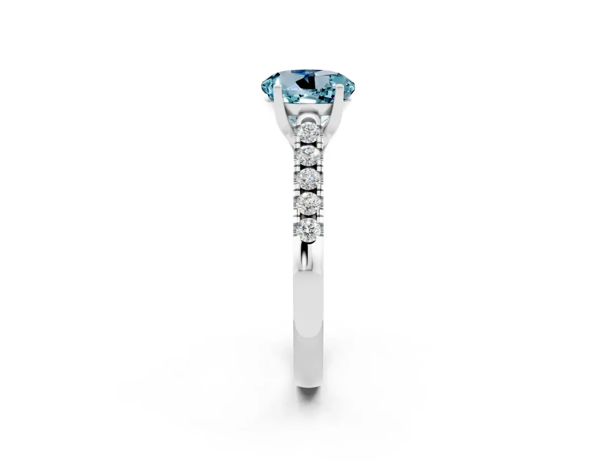 Round Cut Aquamarine Pavé Band Solitaire Ring with Prong Setting White gold