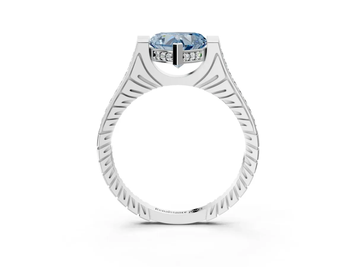 Fancy Blue Heart Cut Solitaire Diamond Ring with Channel Set Band and Bezel Prong Setting Platinum