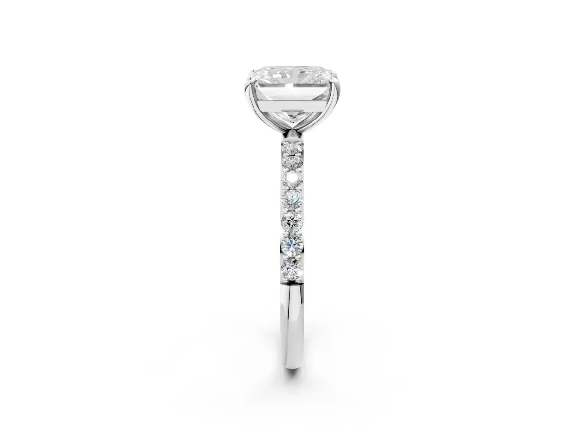 Radiant Cut Diamond Solitaire Ring with Round Pavé Band and Prong Setting Silver