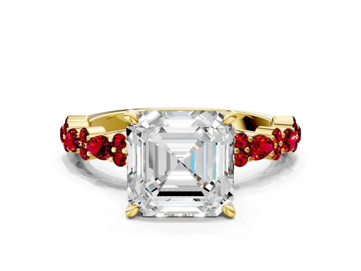 Asscher Cut Diamond Side Stone Solitaire Ring with Round Ruby and Four-Prong Setting Yellow gold