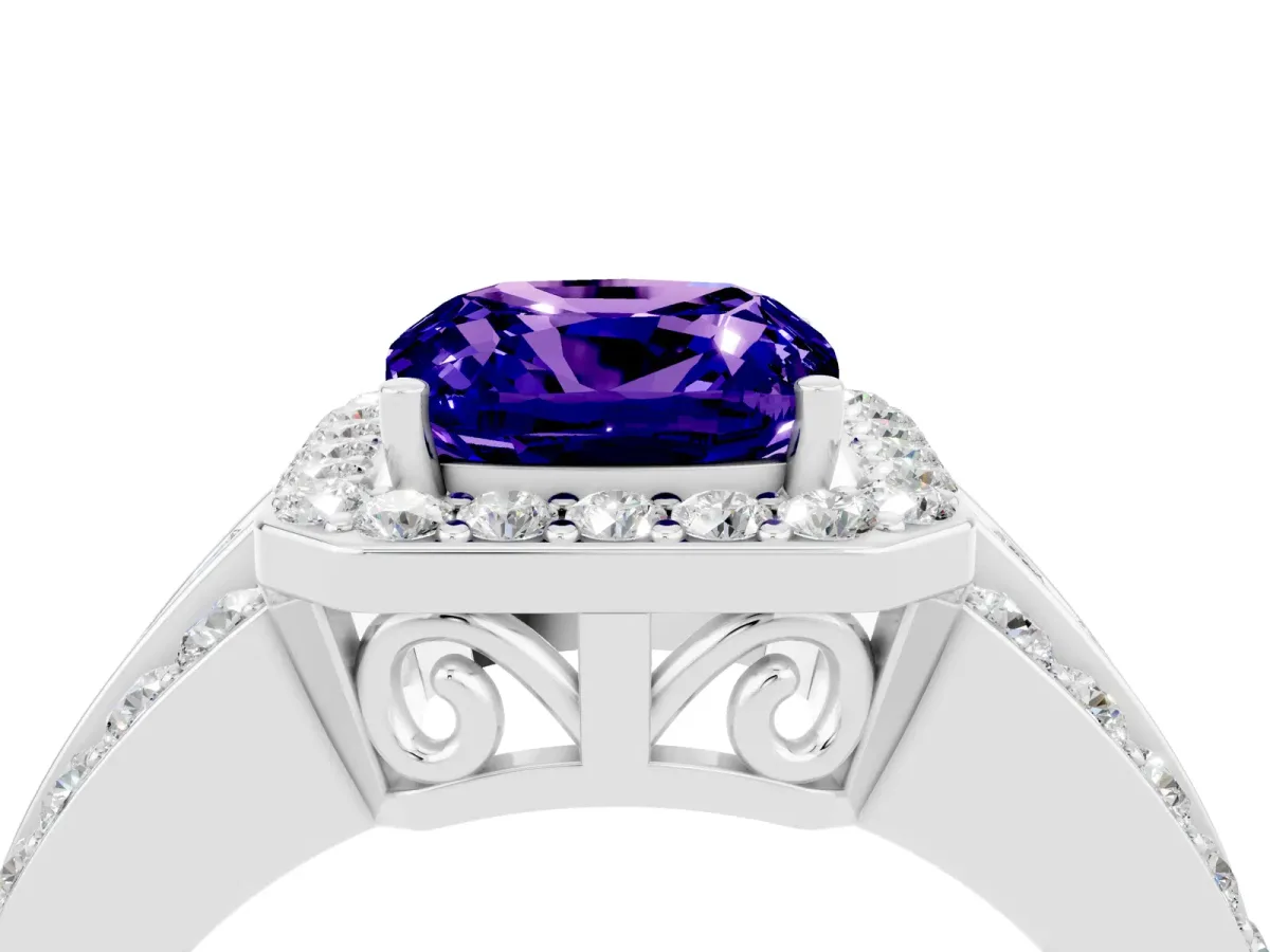 Cushion Cut Halo Tanzanite Ring with Round Split Shank and Prong Setting Silver