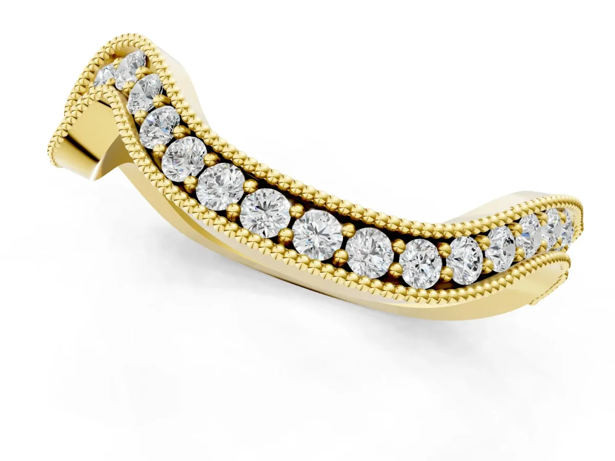 Curved Milgrain Round Diamond Pavé Wedding Band Yellow gold