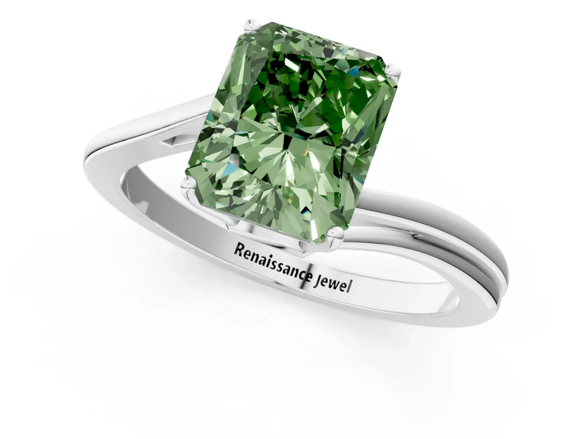 Fancy Green Radiant Cut Cut Solitaire Twist Band Ring with Four-Prong Setting Platinum