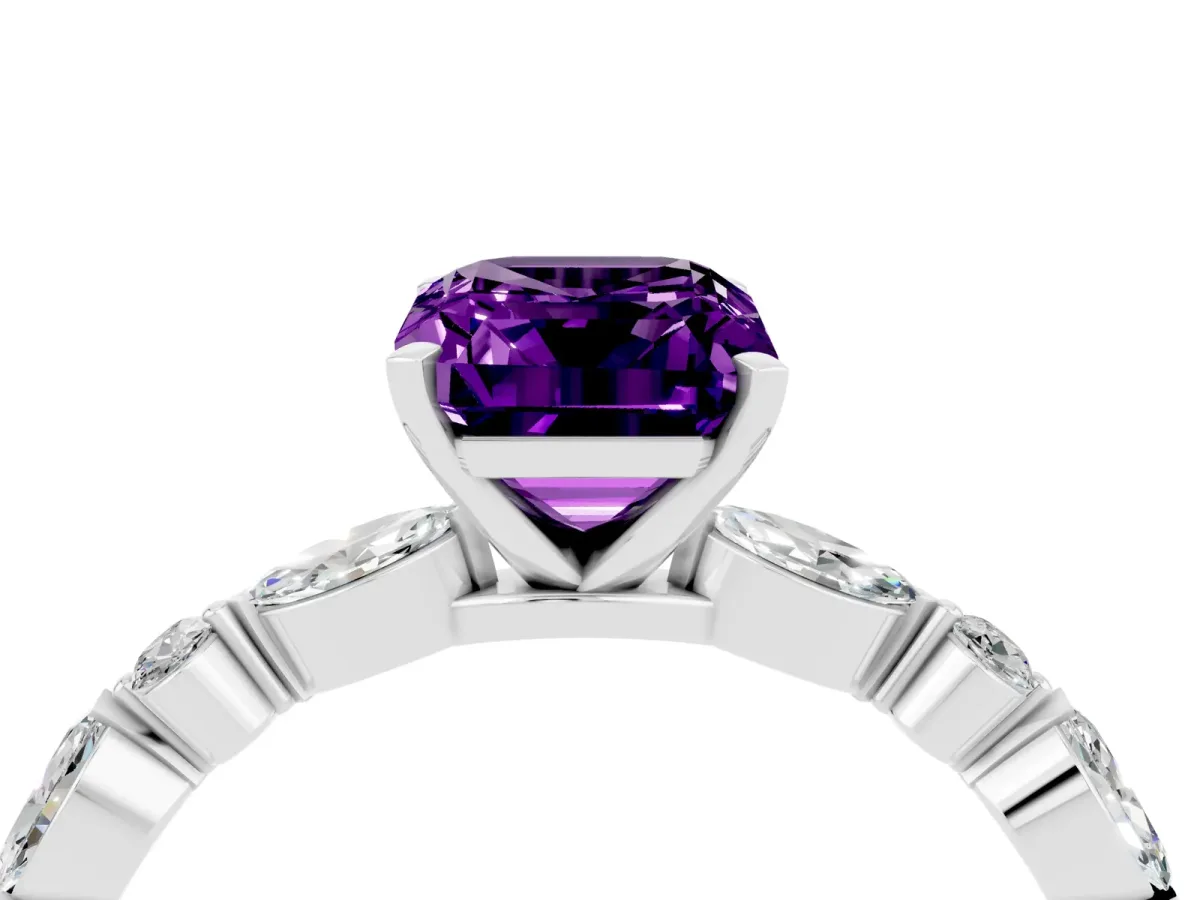 Emerald Cut Amethyst Ring with Marquise and Round Side Stones and Four-Prong Setting Silver