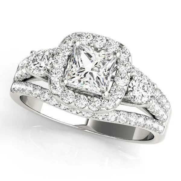 Halo Princess Cut Cut Split Shank Diamond Ring with Four-Prong Setting Platinum