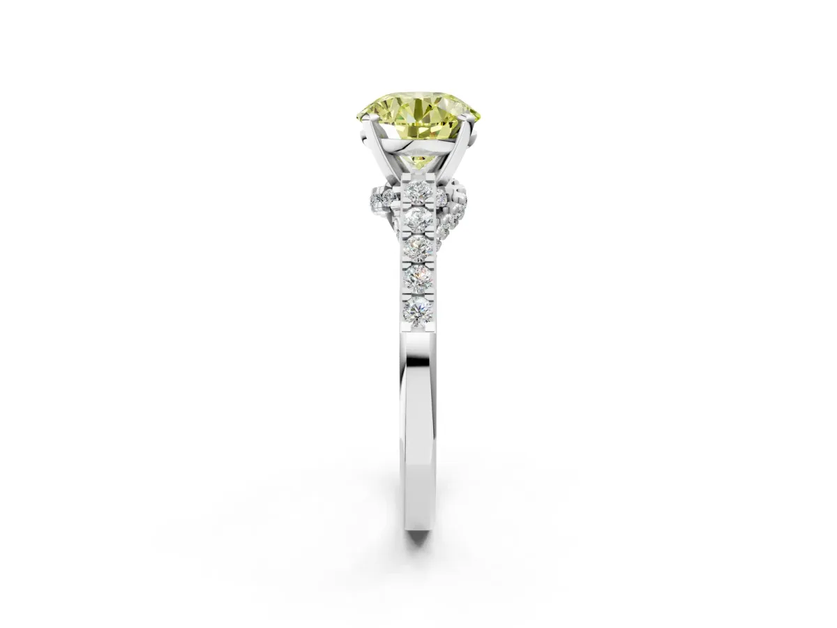 Fancy Yellow Round Cut Diamond Solitaire Ring with Crossover Gallery and Round Pavé Band Silver