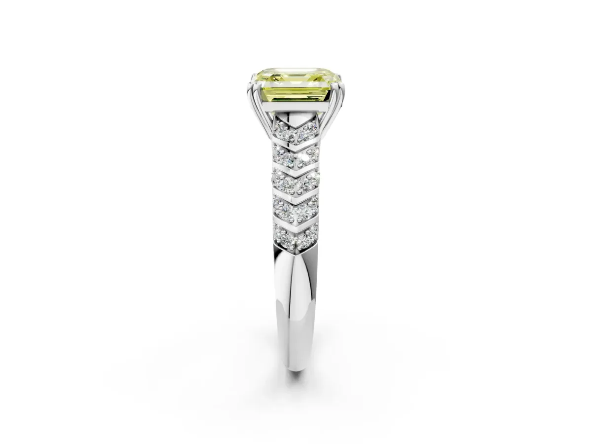 Fancy Yellow Asscher Cut Solitaire Chevron Pave Diamond Engagement Ring with Six-Prong Setting Platinum