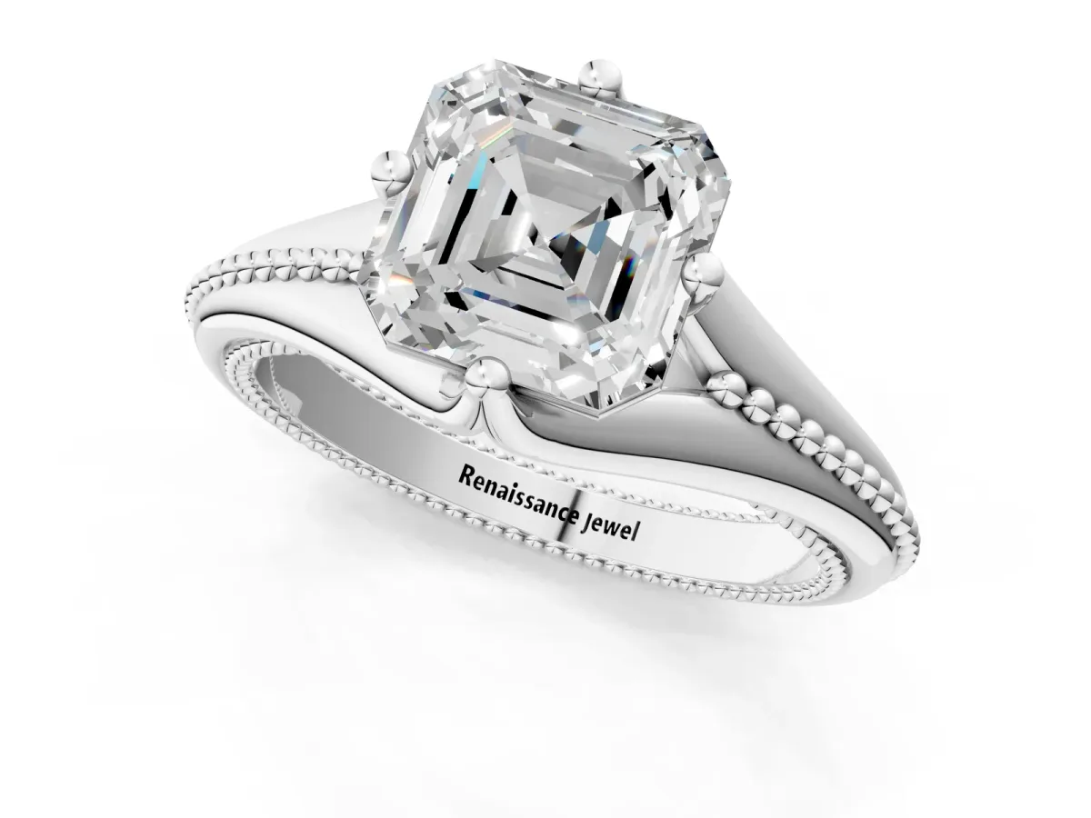 Asscher Cut Solitaire Beaded Band Six-Prong Setting Platinum