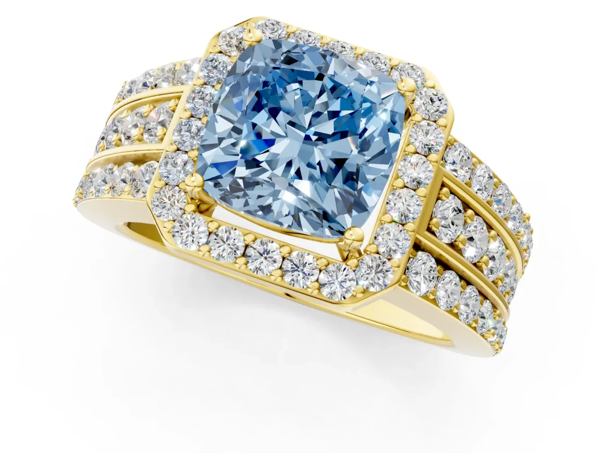 Fancy Blue Cushion Cut Halo Diamond Ring with Round Split Shank and Prong Setting Yellow gold