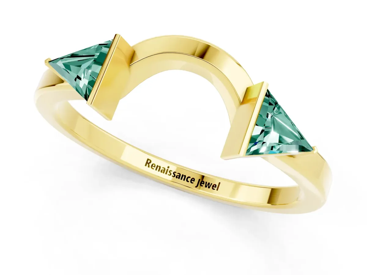 Trillion Green Sapphire Open Band Ring with Bezel Setting Yellow gold