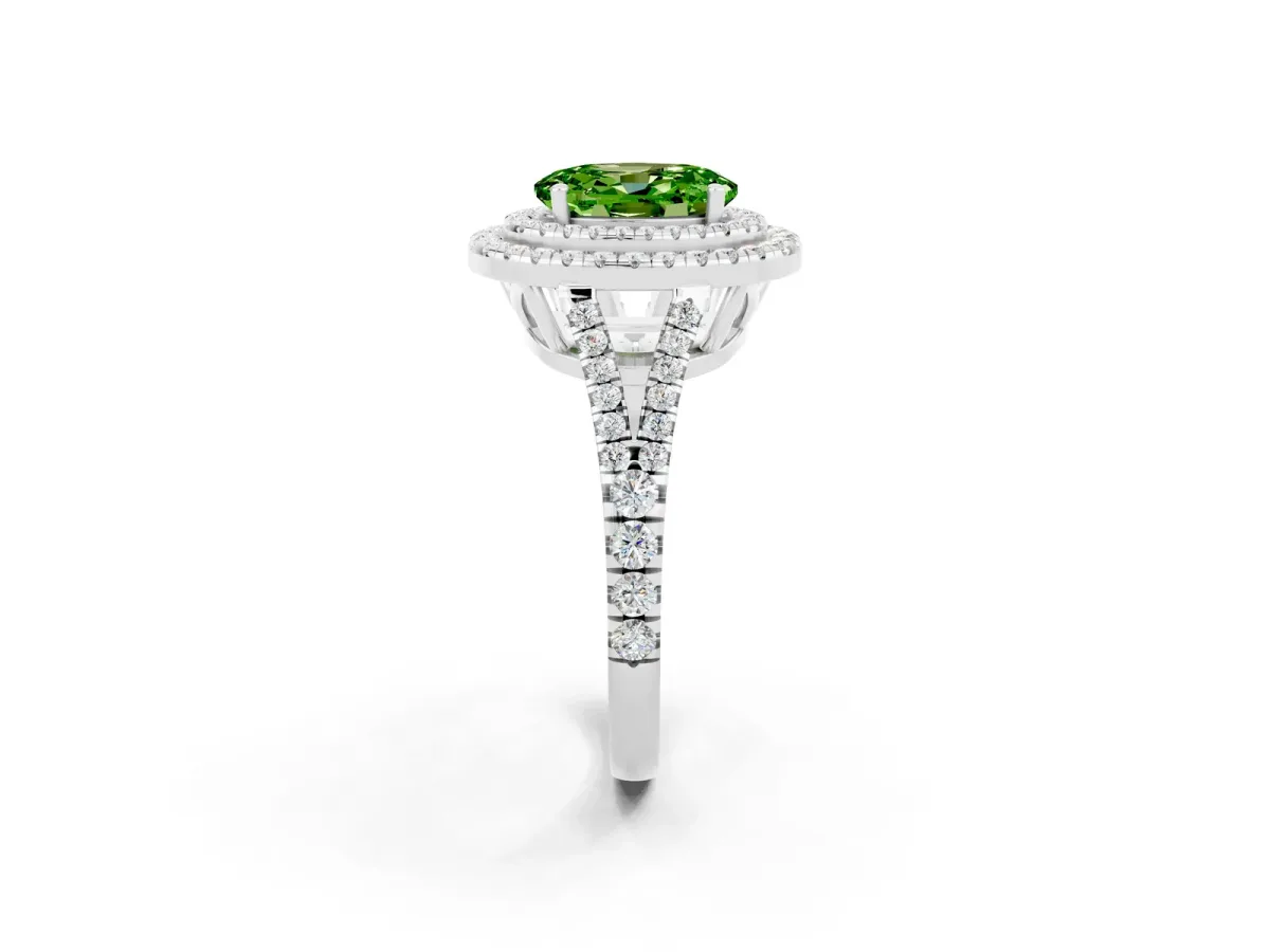 Oval Cut Peridot Double Halo Ring with Pavé Band and Prong Setting Silver