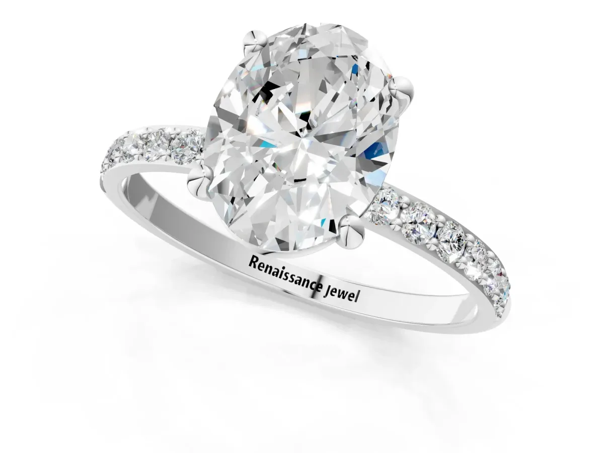 Oval Cut Diamond Solitaire Ring with Round Moissanite Pavé Band and Prong Setting Silver