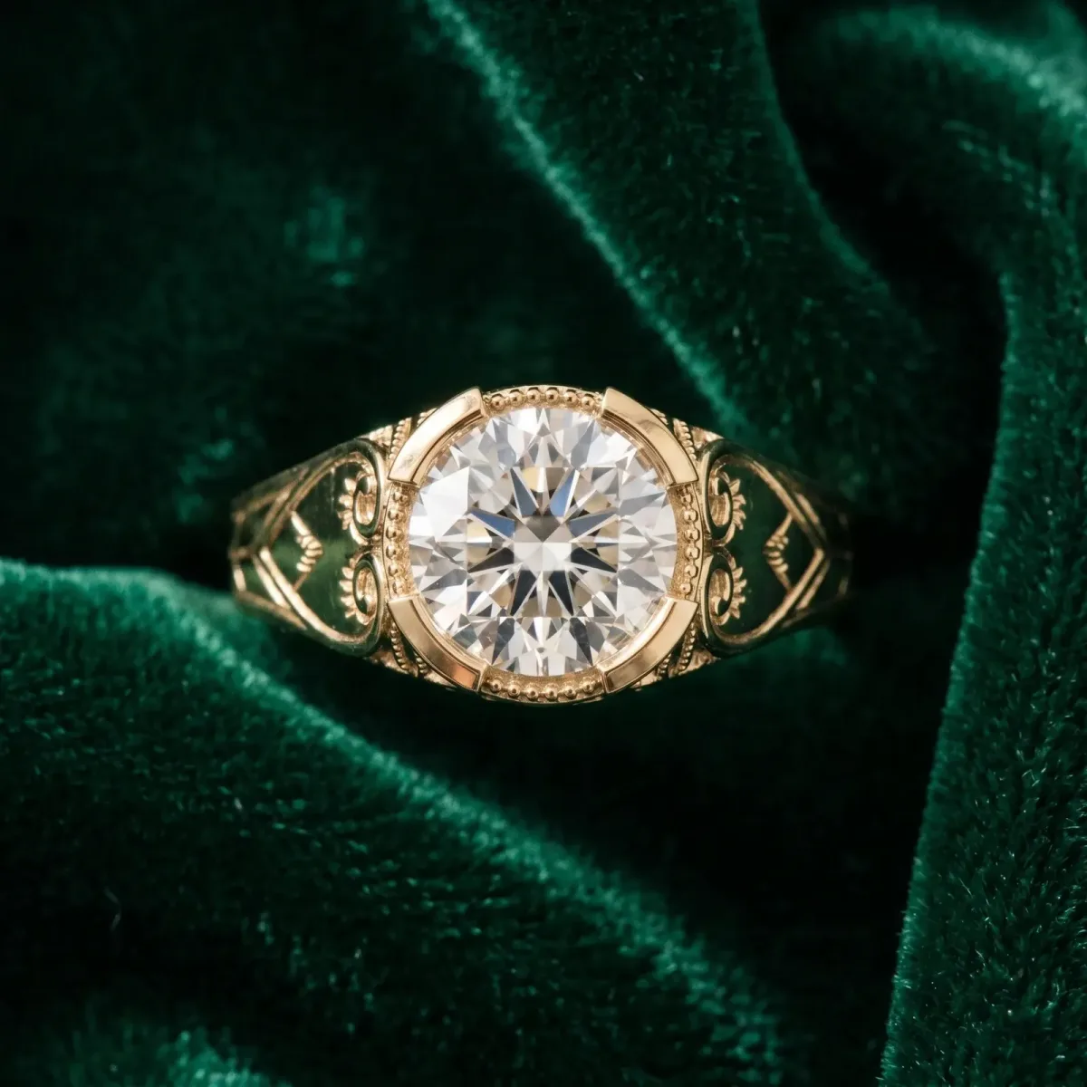 Round Cut Brilliant Solitaire Milgrain Bezel Engagement Ring Yellow gold
