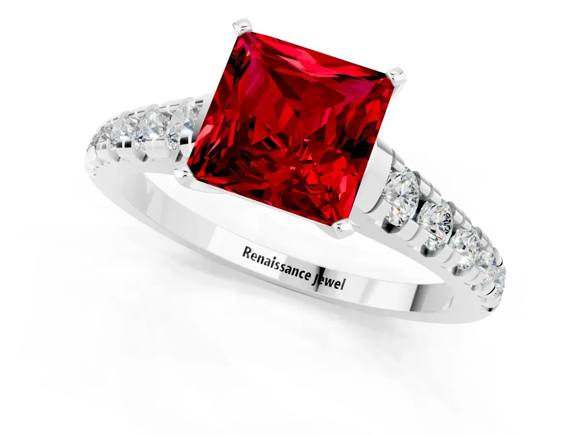 Princess Cut Ruby Cathedral Solitaire Ring with Round Pavé Band Platinum
