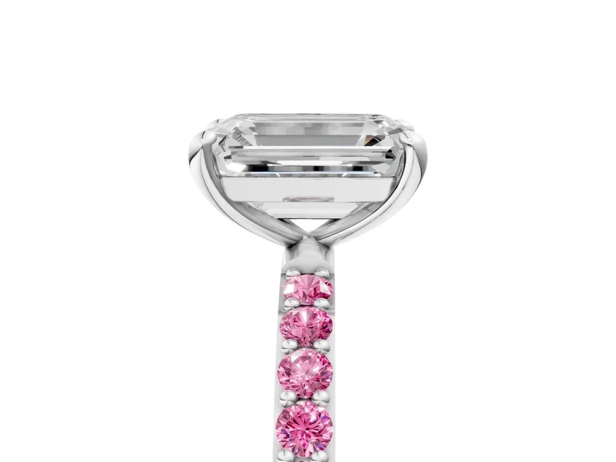 Emerald Cut Diamond Solitaire Ring with Round Pink Sapphire Pavé Band and Prong Setting Silver