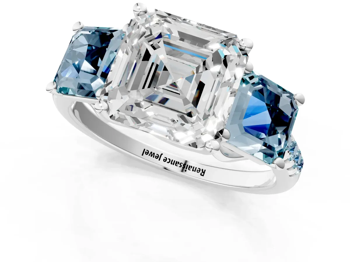 Three-Stone Asscher Cut Diamond Ring with Round Aquamarine Pavé Band and Prong Setting Silver