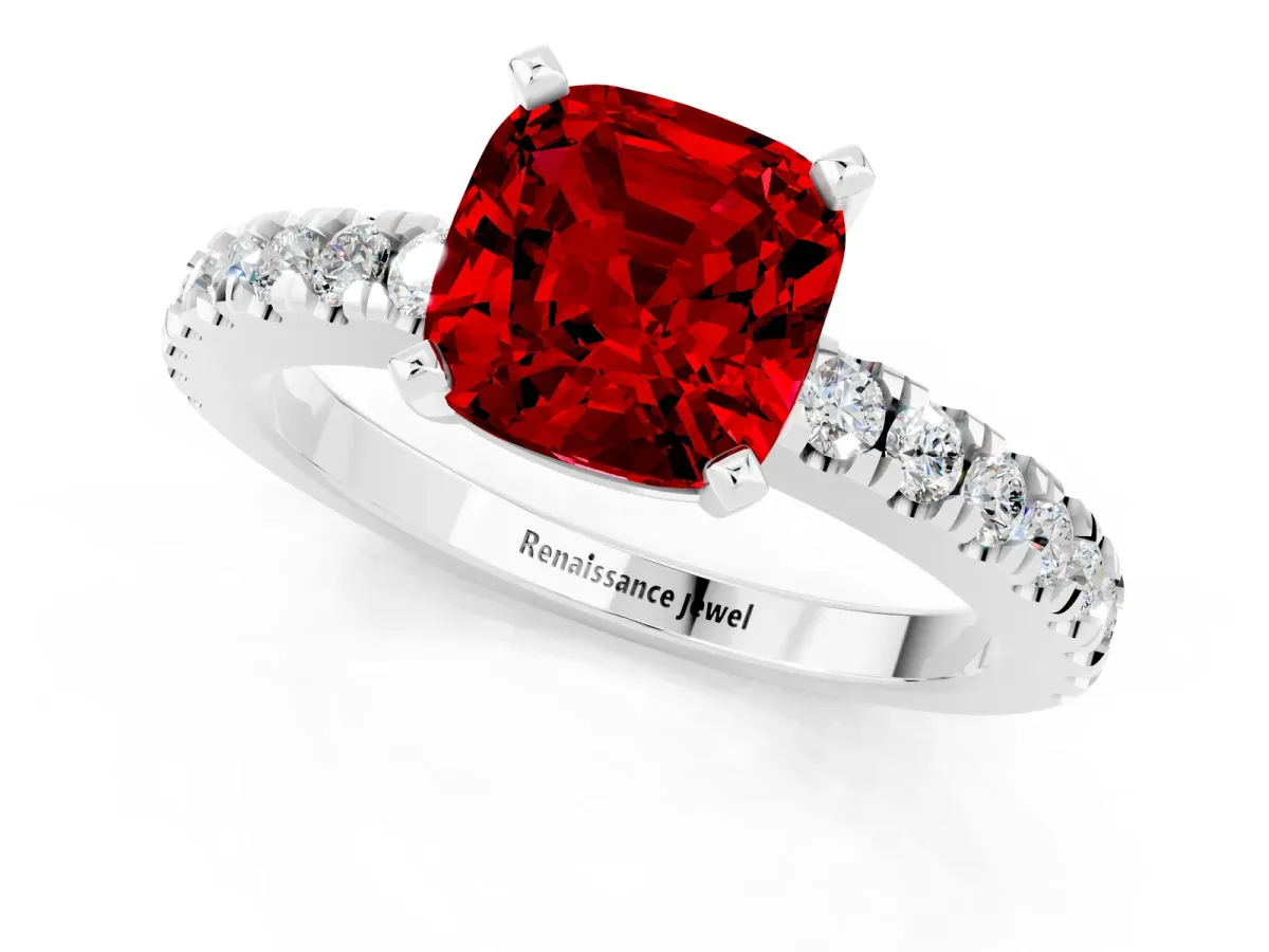 Cushion Cut Solitaire Ruby with Pavé Band and Four-Prong Setting Silver