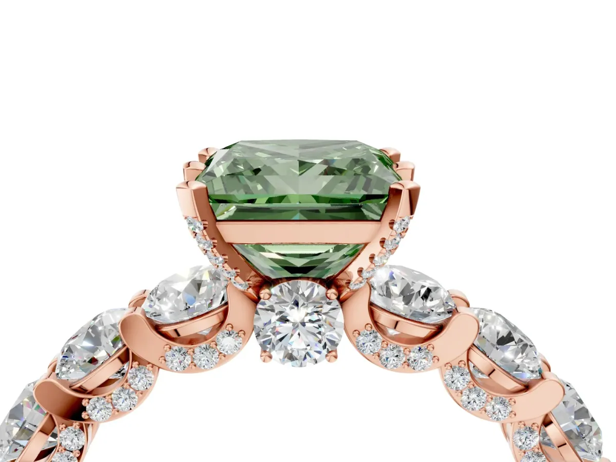 Fancy Green Princess Cut Diamond Side Stone Engagement Ring with Four-Prong Setting Rose gold