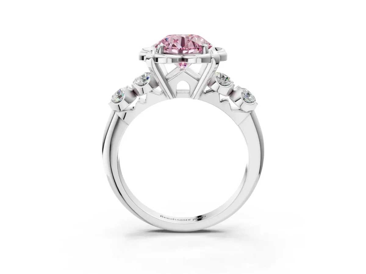 Fancy Pink Round Cut Cut Diamond Floral Halo Engagement Ring with Shared Prong Setting Silver