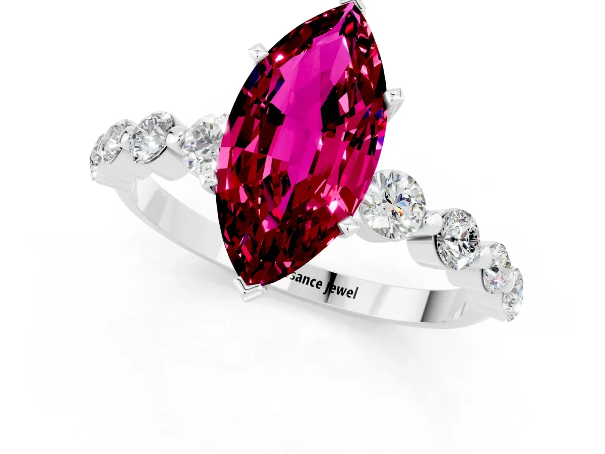 Marquise Cut Solitaire Garnet Ring with Pave Band and Four-Prong Setting Silver