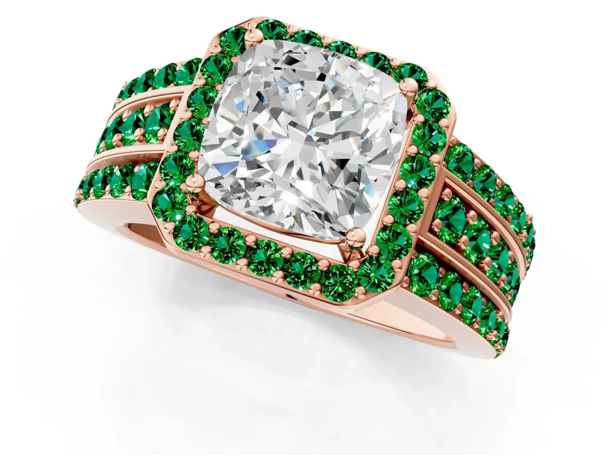 Cushion Cut Halo Diamond Ring with Round Emerald Split Shank and Prong Setting Rose gold