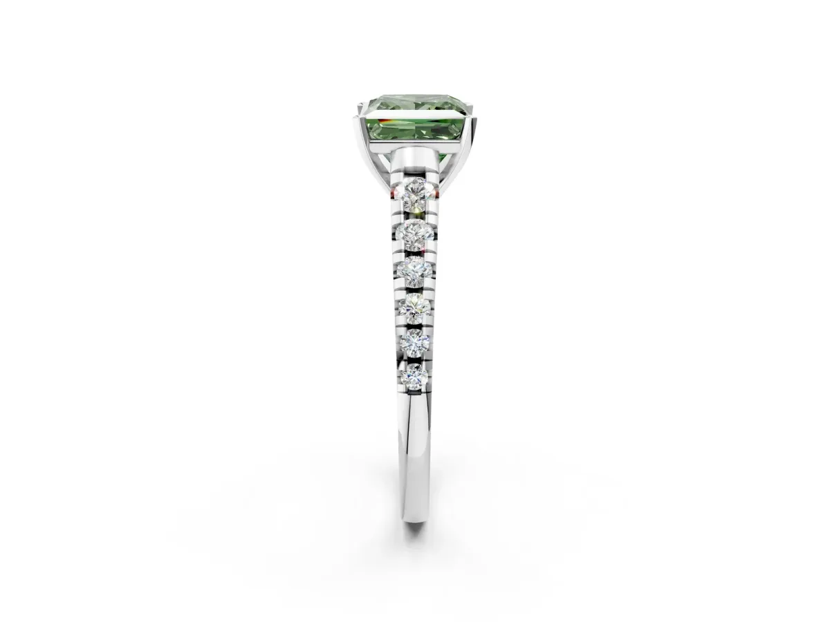 Fancy Green Princess Cut Diamond Cathedral Solitaire Ring with Round Pavé Band Silver