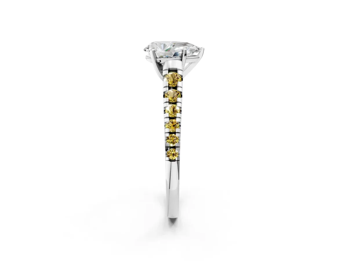 Pear Cut Diamond Cathedral Solitaire Ring with Round Yellow Sapphire Pavé Band Silver
