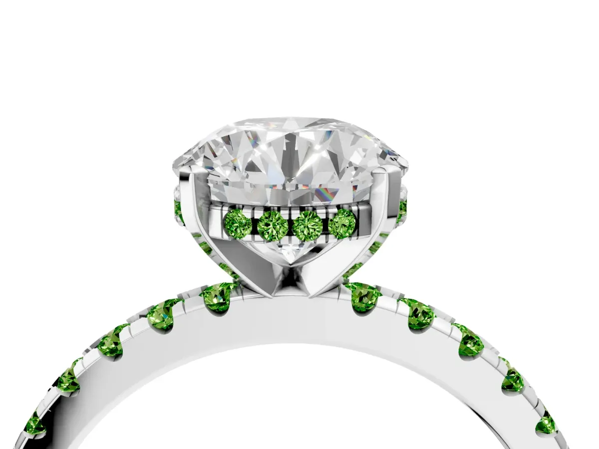 Round Cut Diamond Solitaire Ring with Round Peridot Pavé Band and Four-Prong Setting Silver