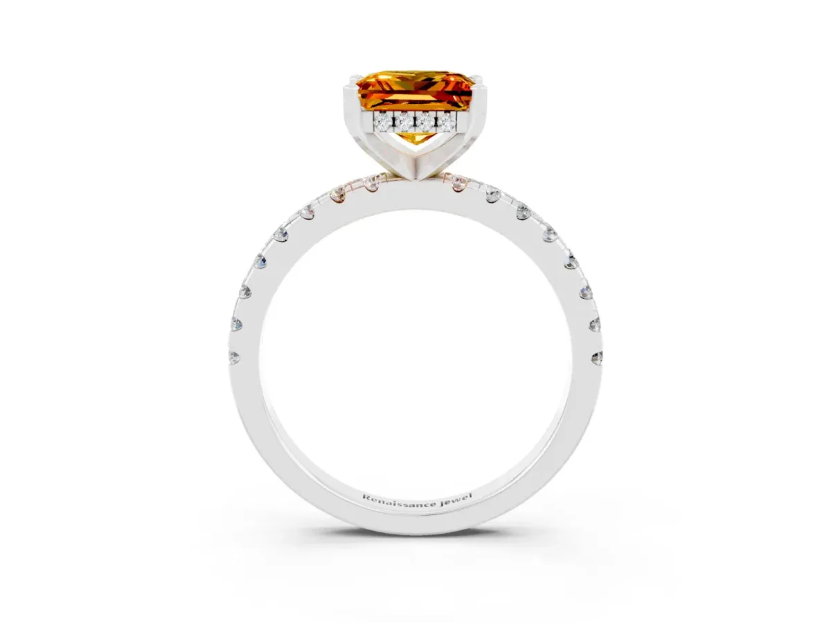 Princess Cut Citrine Solitaire Ring with Round Pavé Band and Four-Prong Setting Silver