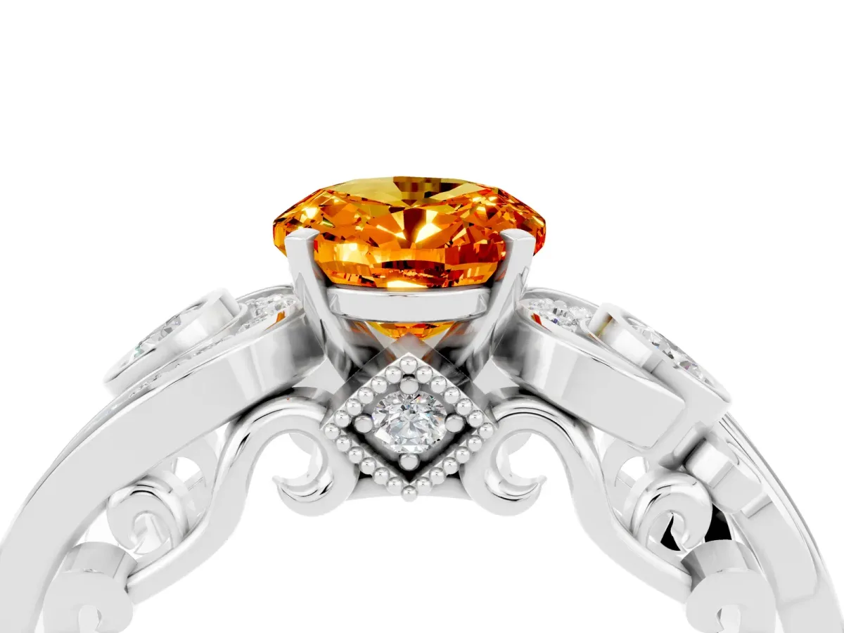 Oval Cut Citrine Solitaire Ring with Milgrain Pavé Band and Four-Prong Setting Silver