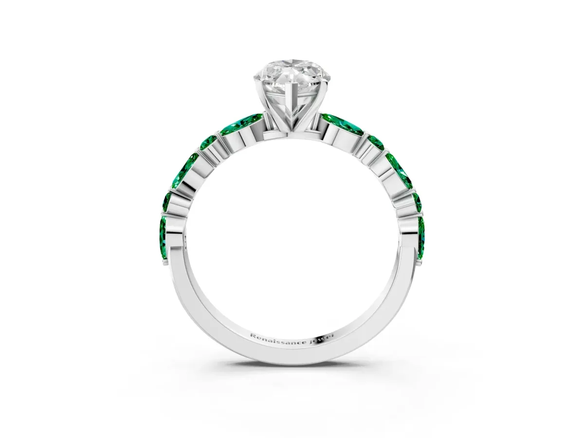 Marquise Cut Diamond Ring with Marquise and Round Emerald Side Stones and Four-Prong Setting Silver