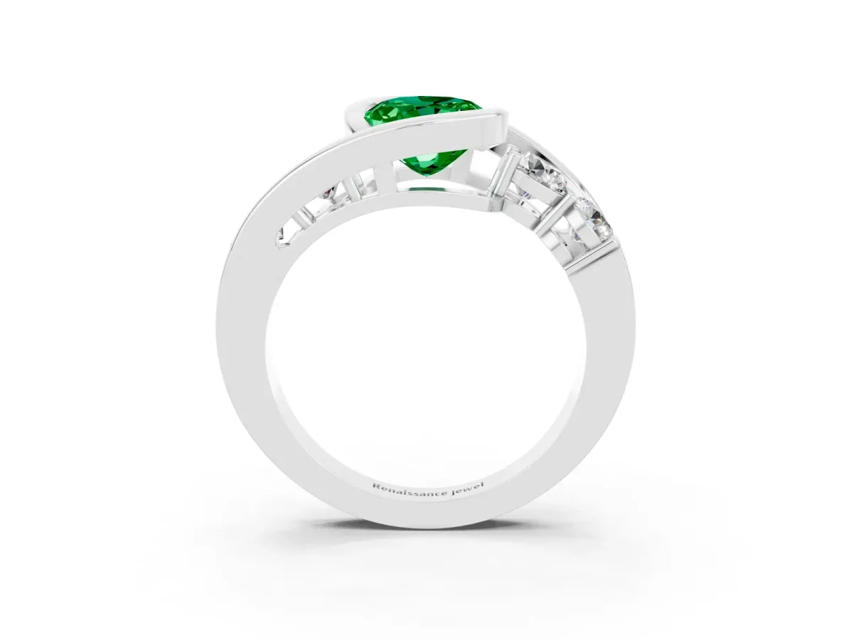 Bezel Set Oval Cut Emerald Bypass Ring with Round Accents Silver