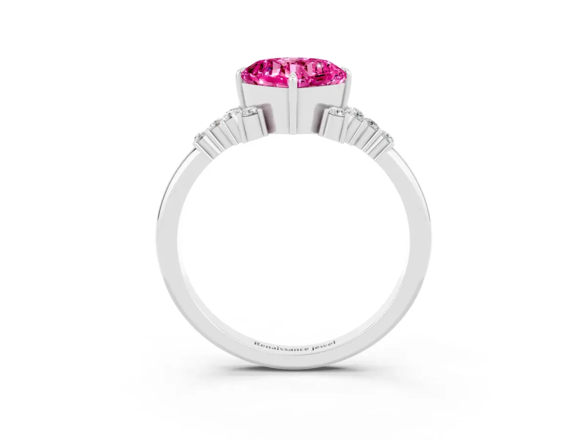 Cushion Cut Pink Sapphire Ring with Side Stones and Four-Prong Setting Silver