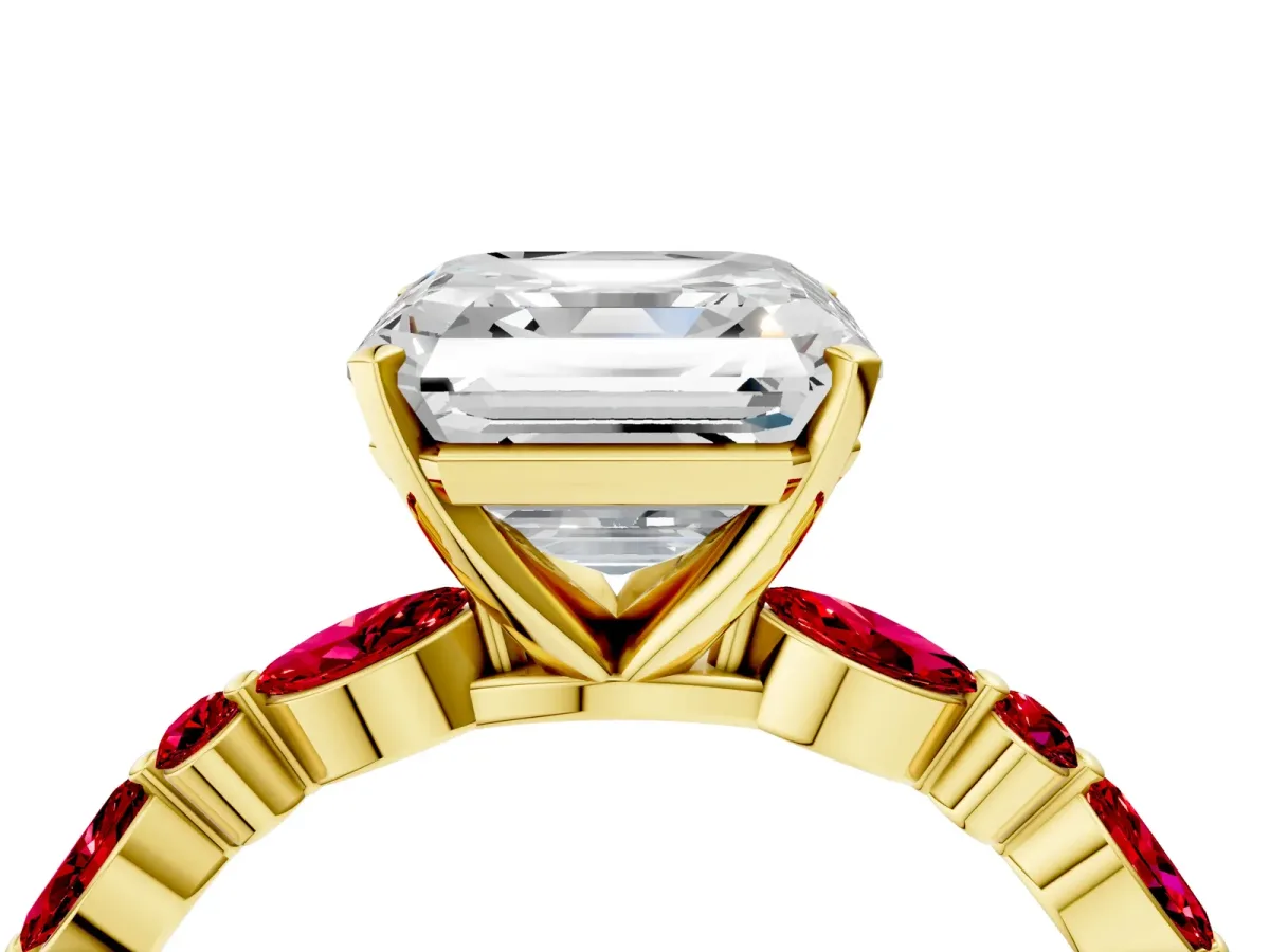 Asscher Cut Diamond Ring with Marquise and Round Ruby Side Stones and Four-Prong Setting Yellow gold