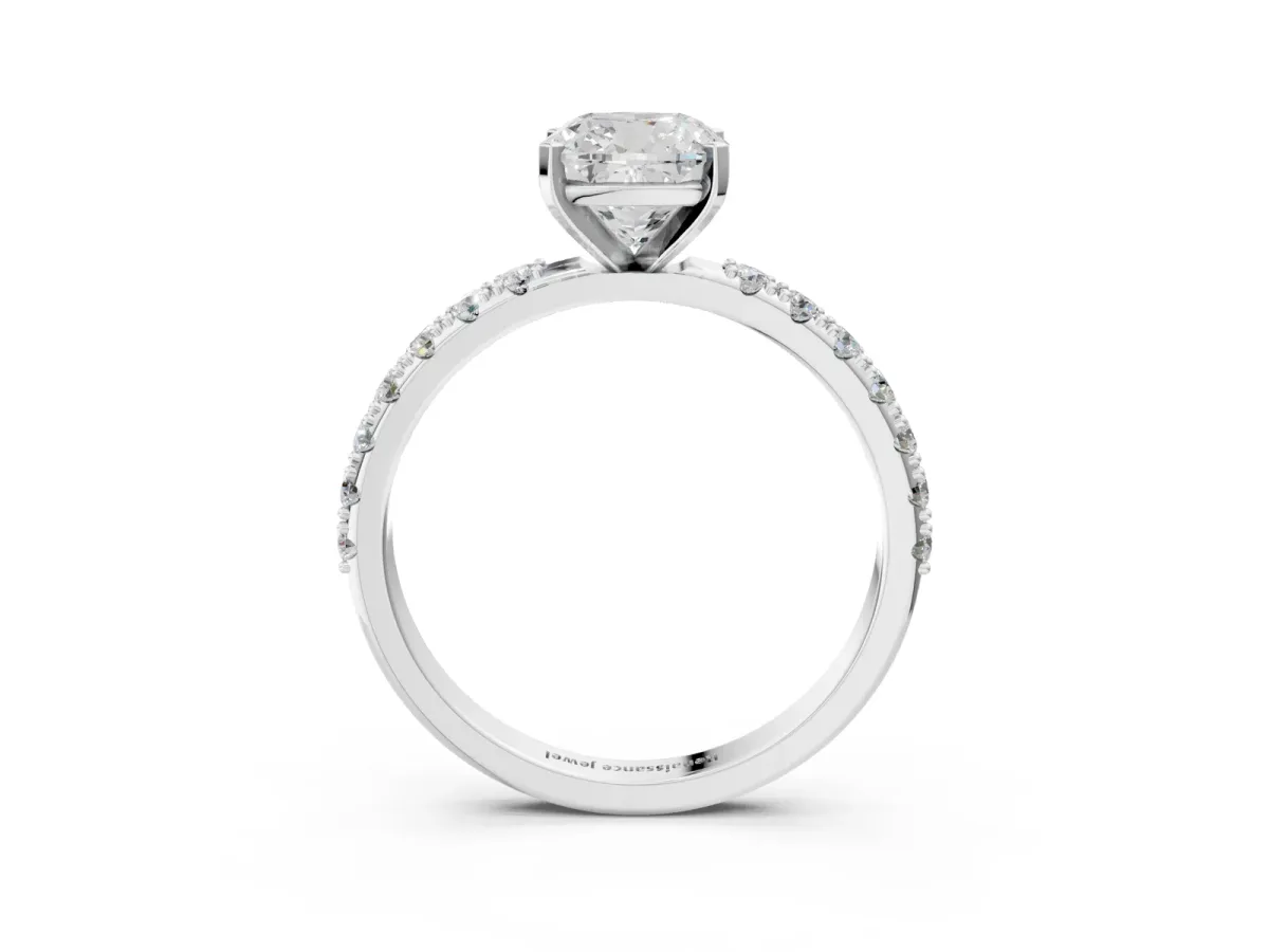 Cushion Cut Diamond Solitaire Pavé Band with Four-Prong Setting White gold