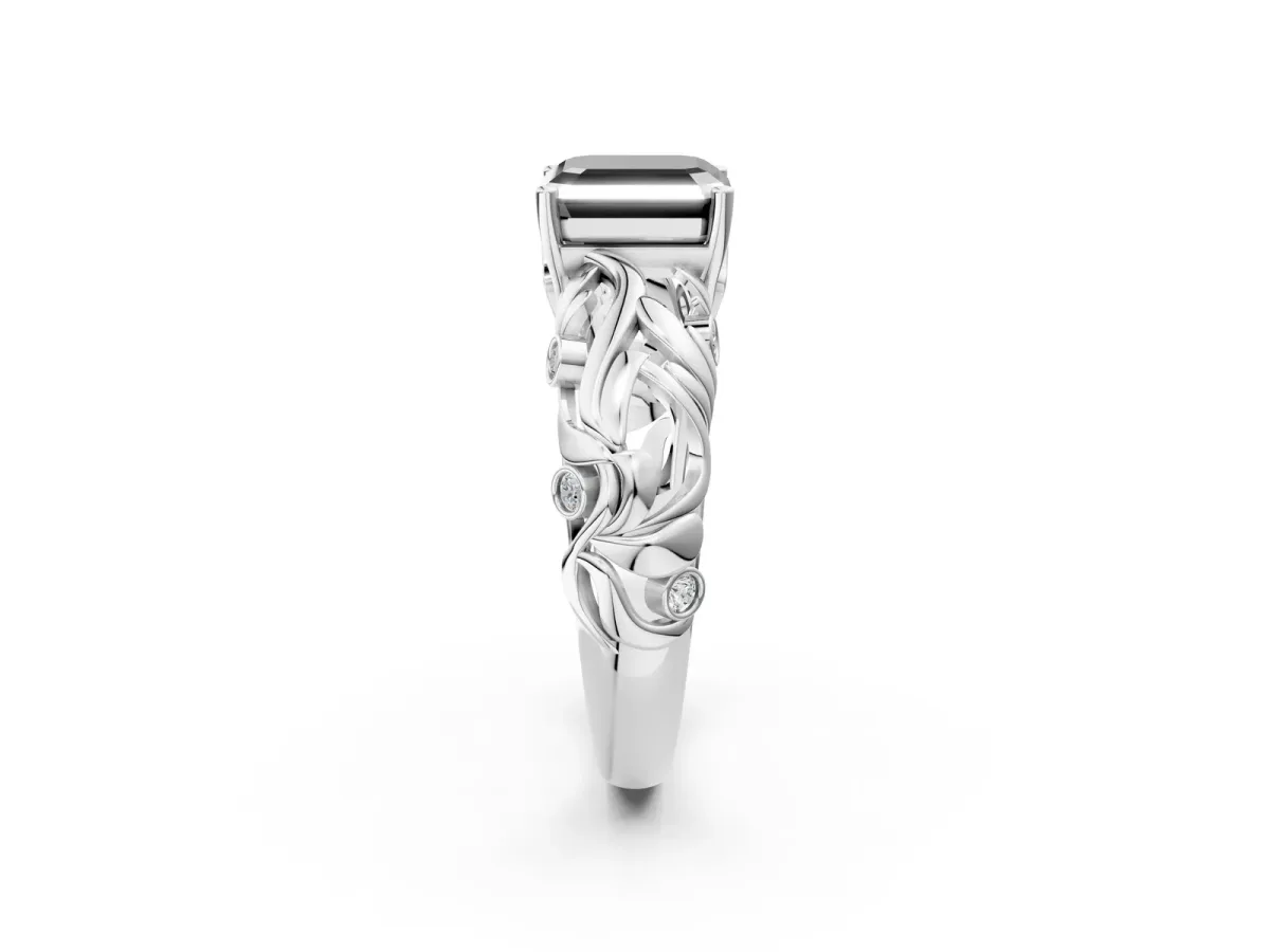 Fancy Black Asscher Cut Solitaire Diamond Leaf-Inspired Vine Band Ring with Prong Setting Platinum