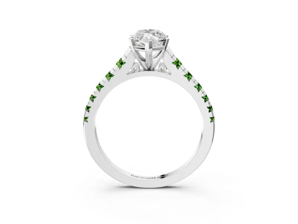 Marquise Cut Diamond Cathedral Solitaire Ring with Round Peridot Pavé Band Silver