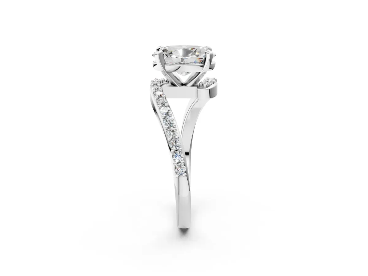 Oval Cut Solitaire Twist Band with Pave Set Diamonds and Four-Prong Setting Platinum