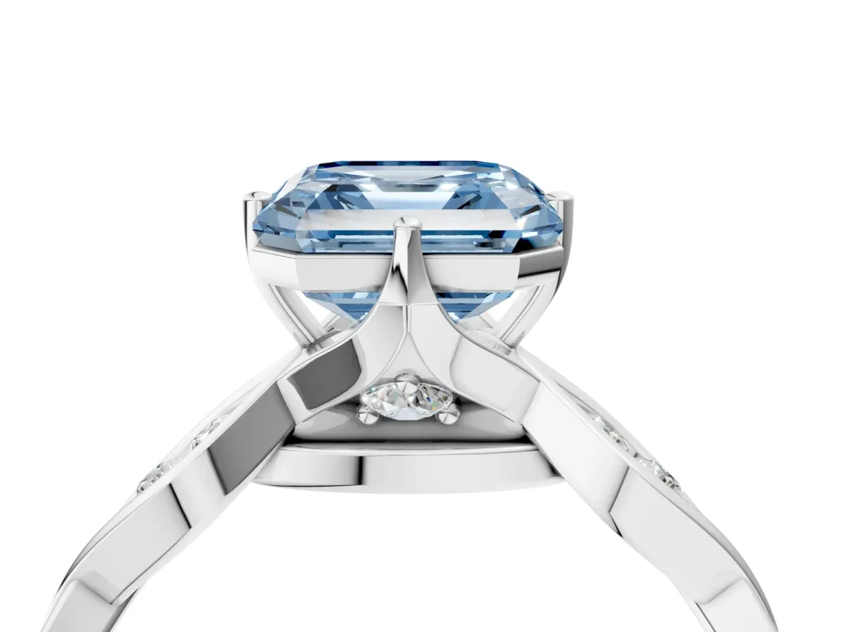 Fancy Blue Asscher Cut Solitaire Twist Band with Leaf Prong Setting Platinum