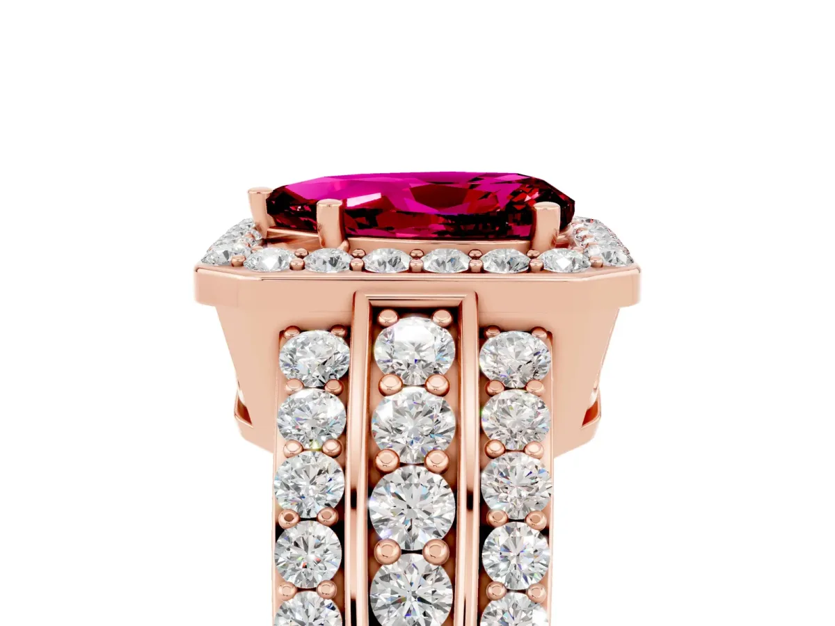Pear Cut Halo Garnet Ring with Round Split Shank and Prong Setting Rose gold