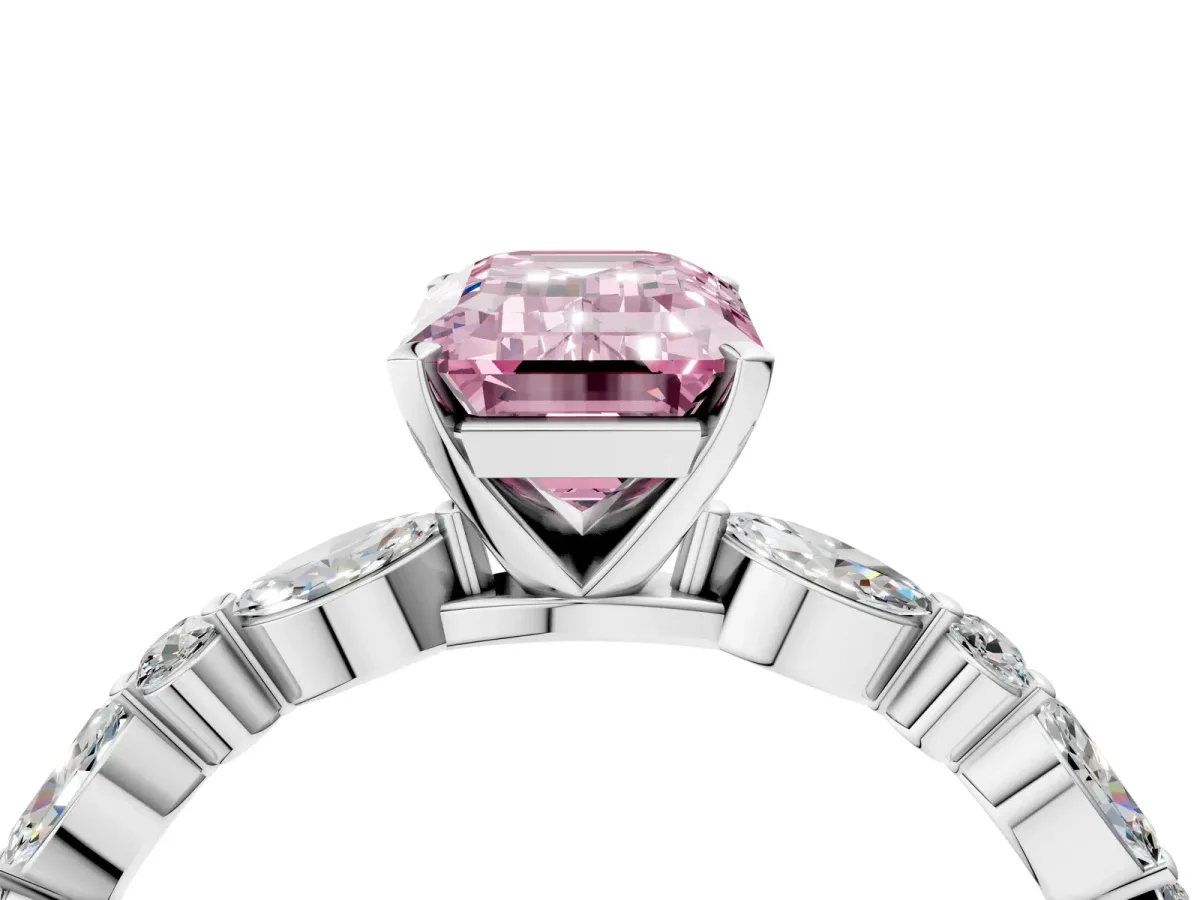 Fancy Pink Emerald Cut Diamond Ring with Marquise and Round Side Stones and Four-Prong Setting Silver